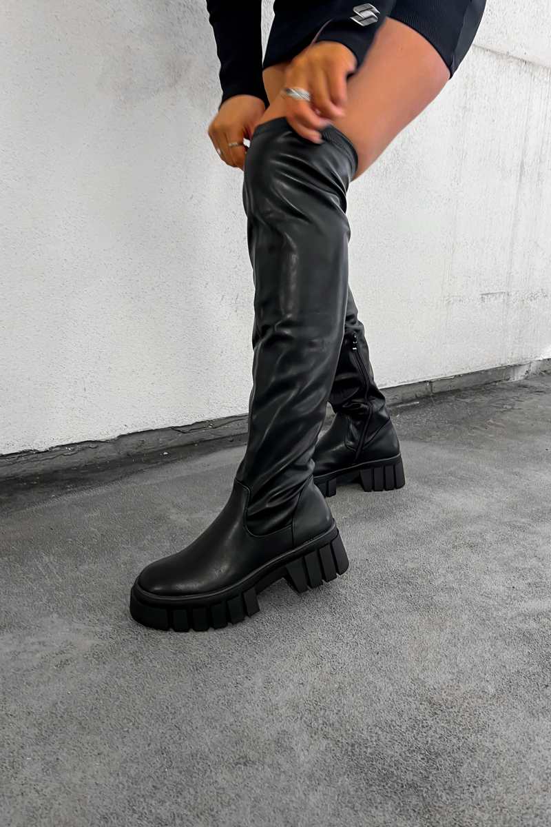 OWN IT Chunky Knee High Boots Black PU – AJ VOYAGE