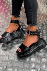 PUNISH Super Chunky Buckle Sandals - Black PU