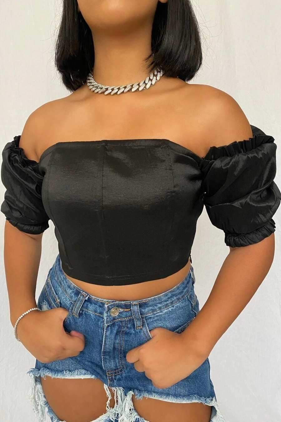 Puff Sleeve Taffeta Bandeau Crop Top Black – AJ VOYAGE