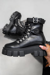 REASON Super Chunky Buckle Ankle Boots - Black PU