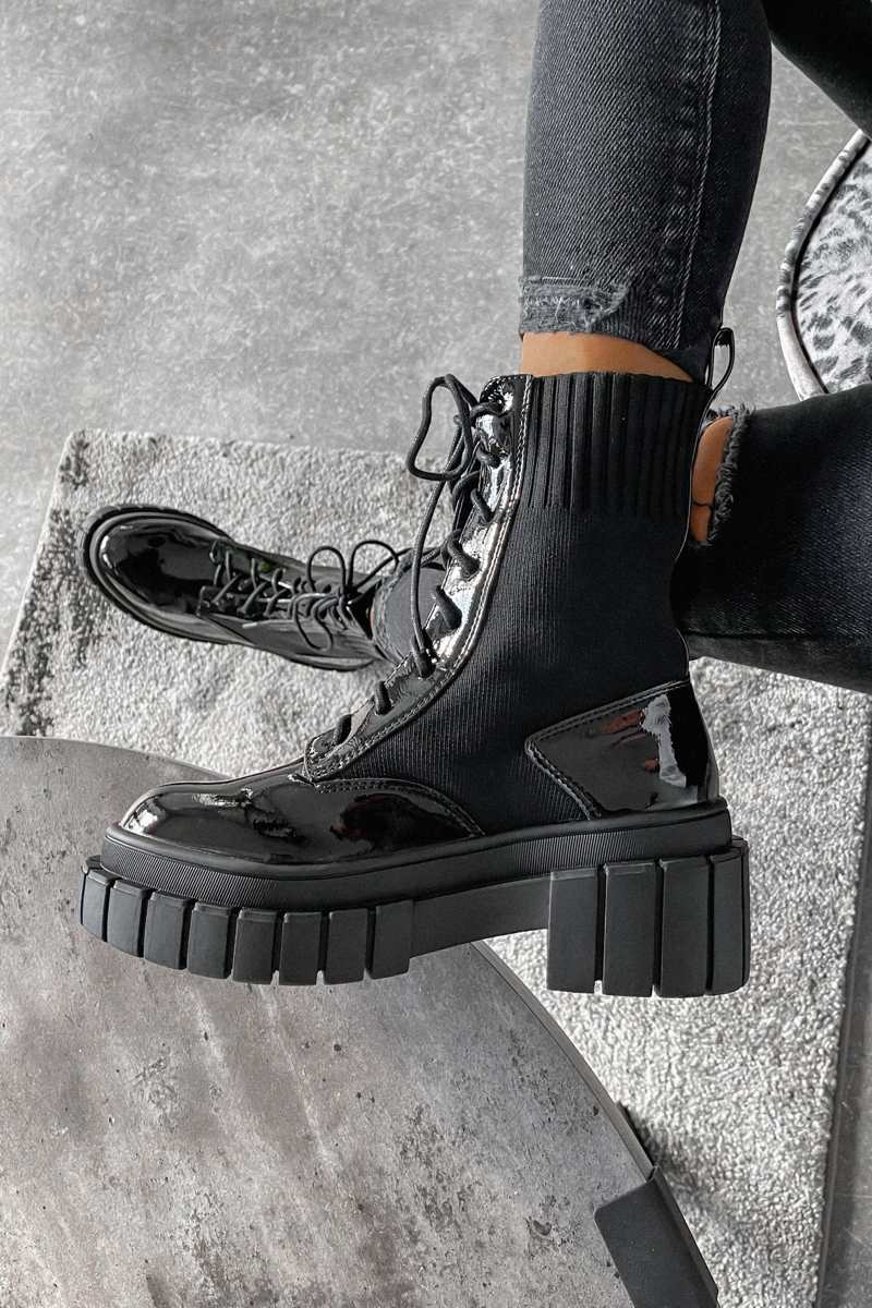 RELOAD Chunky Platform Sock Fit Ankle Boots Black Patent – AJ VOYAGE