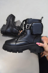 ROMY Chunky Sole Pocket Ankle Boots - Black PU