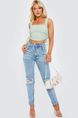 Ribbed Cropped Ruched Vest - Green - 2