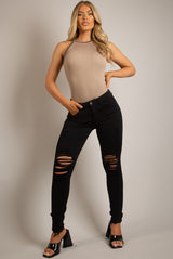 Ripped Skinny Denim Jeans - Black - 1