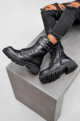 SELENE Lace Up Ankle Biker Boots - Black PU-1