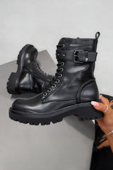 SELENE Lace Up Ankle Biker Boots - Black PU-2