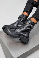 SELENE Lace Up Ankle Biker Boots - Black PU-3