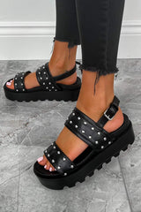 SHOW ME Chunky Cleated Platform Studded Sandals - Black - 2