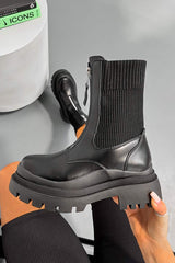 STELLA Sock Fit Zip Front Ankle Boots - Black PU - 1