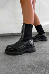 STELLA Sock Fit Zip Front Ankle Boots - Black PU - 5