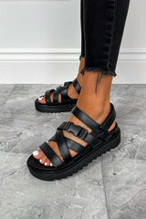 STEP UP Chunky Platform Buckle Gladiator Sandals - Black