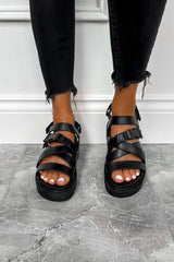 STEP UP Chunky Platform Buckle Gladiator Sandals - Black - 1