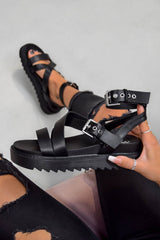 STRIKE IT Chunky Buckle Gladiator Sandals - Black