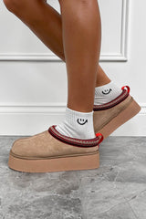 TASS Suede Embroidered Chunky Slippers - Beige