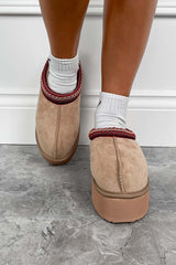TASS Suede Embroidered Chunky Slippers - Beige - 2