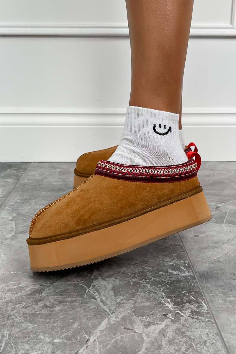 TASS Suede Embroidered Chunky Slippers - Camel