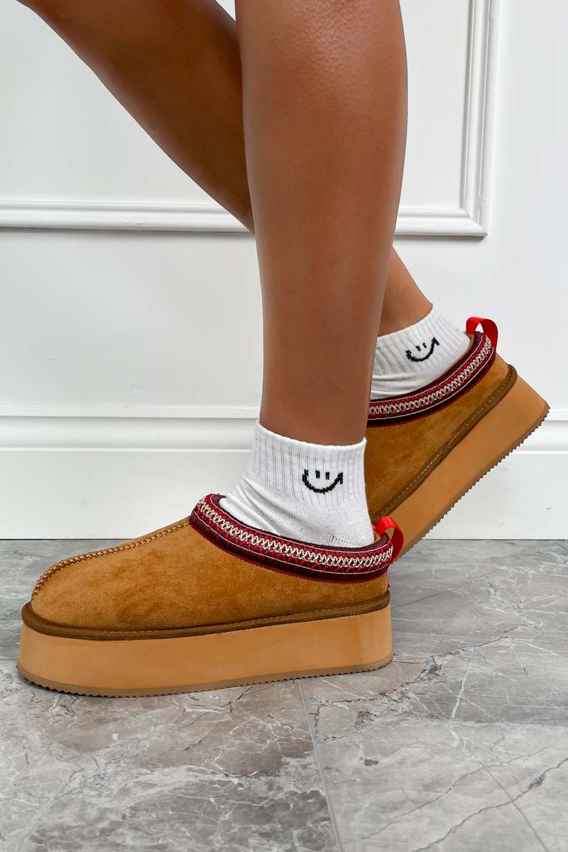 TASS Suede Embroidered Chunky Slippers - Camel - 1