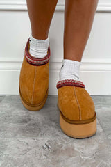 TASS Suede Embroidered Chunky Slippers - Camel - 2