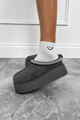 TASS Suede Embroidered Chunky Slippers - Grey - 2