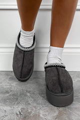 TASS Suede Embroidered Chunky Slippers - Grey - 1
