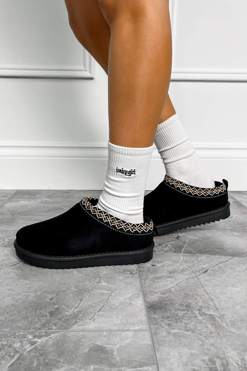 TAZMEN Suede Embroidered Slippers - Black - 1