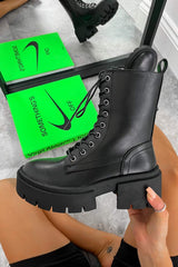TEAR UP Chunky Lace Up Platform Ankle Boots - Black PU