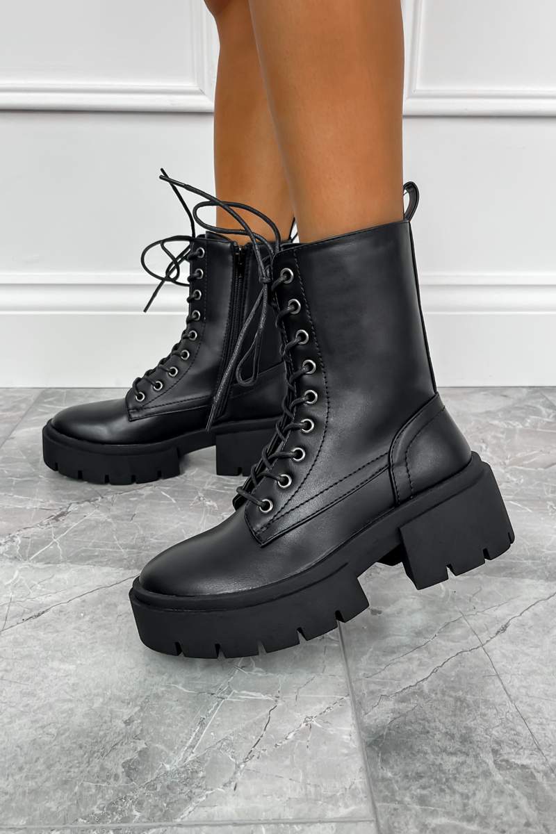 TEAR UP Chunky Lace Up Platform Ankle Boots - Black PU - 3