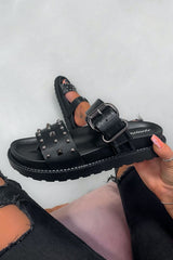 TOLD YOU Chunky Studded Buckle Sandals - Black Croc