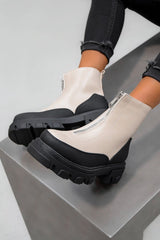 TOUGH LOVE Zip Front Ankle Boots - Beige PU-1