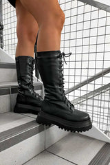 UPROAR Chunky Lace Up Midi Boots - Black PU - 1