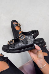 VACATE Chunky Ring Buckle Sandals - Black Croc