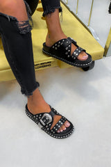 WHO KNEW Chunky Studded Western Buckle Sandals - Black/Silver - 1