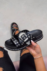WHO KNEW Chunky Studded Western Buckle Sandals - Black/Silver