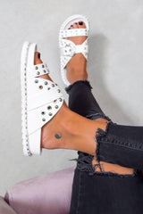 WHO KNEW Chunky Studded Western Buckle Sandals - White/Silver - 2