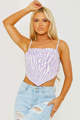 Zebra Print Tie Knot Back Cami Crop Top - Lilac - 2