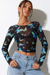 Motel Elijah long Sleeve Top - Black/Blue Butterfly 4