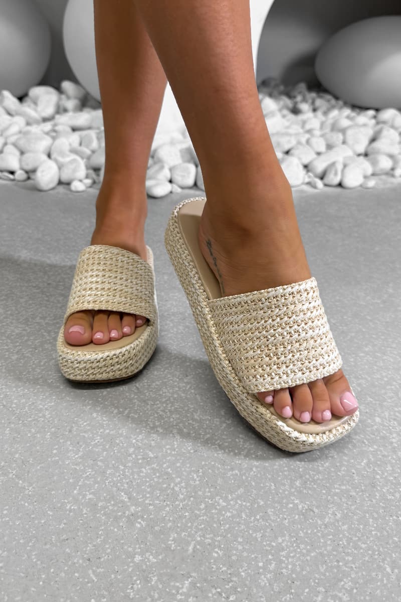 CARLY Chunky Rattan Slider Sandals - Beige - 1