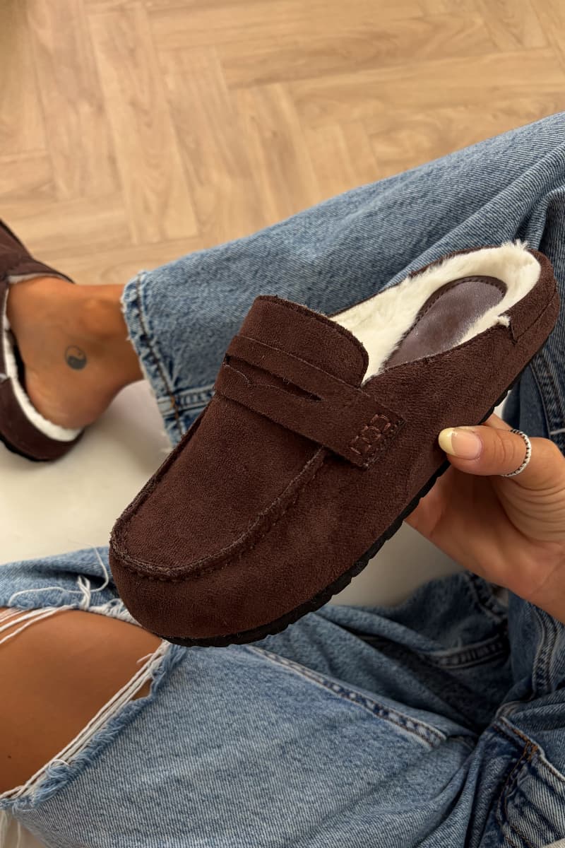 ABBEY Suede Faux Fur Mule Loafers – Brown
