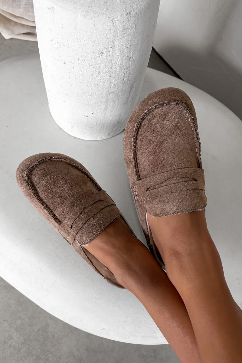 ABBEY Suede Faux Fur Mule Loafers – Taupe