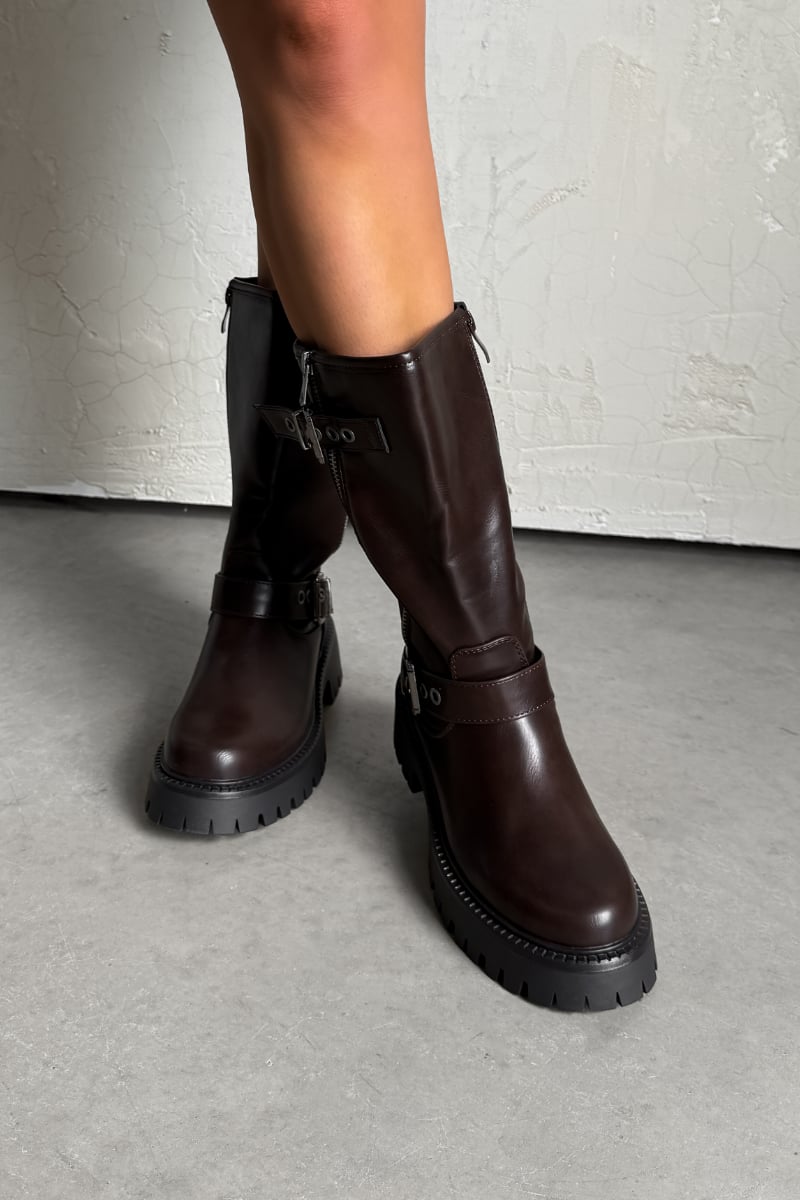 ABEL Buckle Detail Platform Boots - Espresso Brown - 3