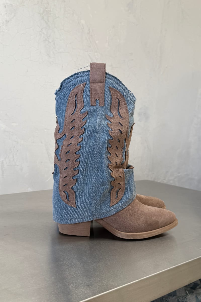 ADA Flared Cowboy Western Boots - Denim/Beige