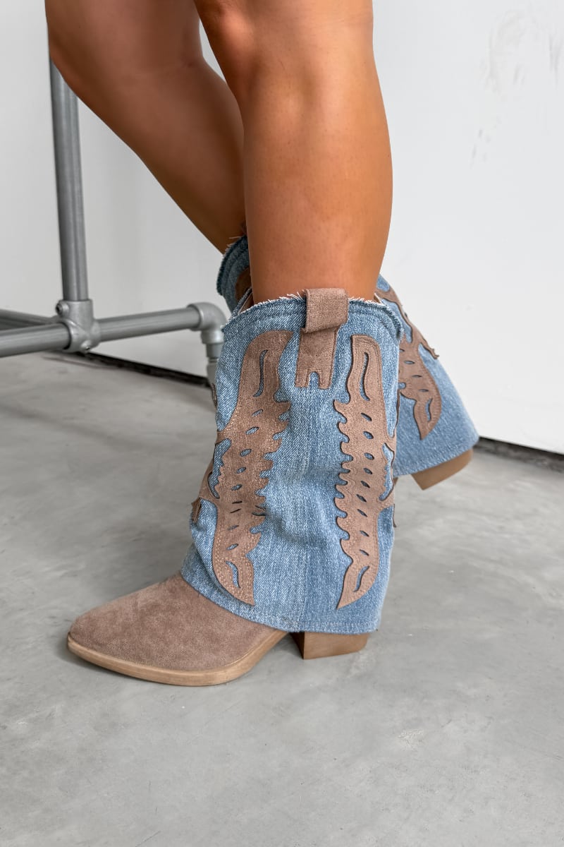 Denim cowboy boots with suede accents worn by a person on a neutral background. ADA Flared Cowboy Western Boots - Denim/Beige.