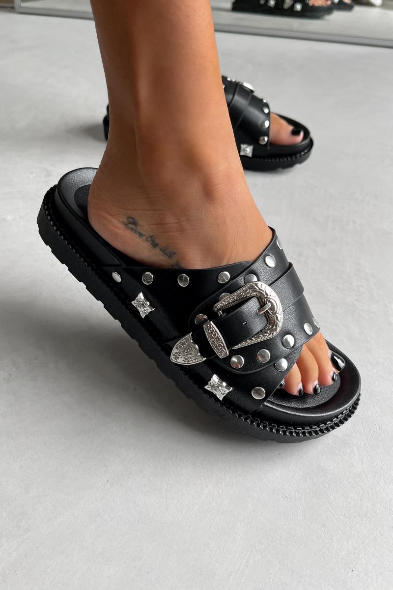 ADDISON Chunky Studded Western Buckle Sandals - Black/Silver