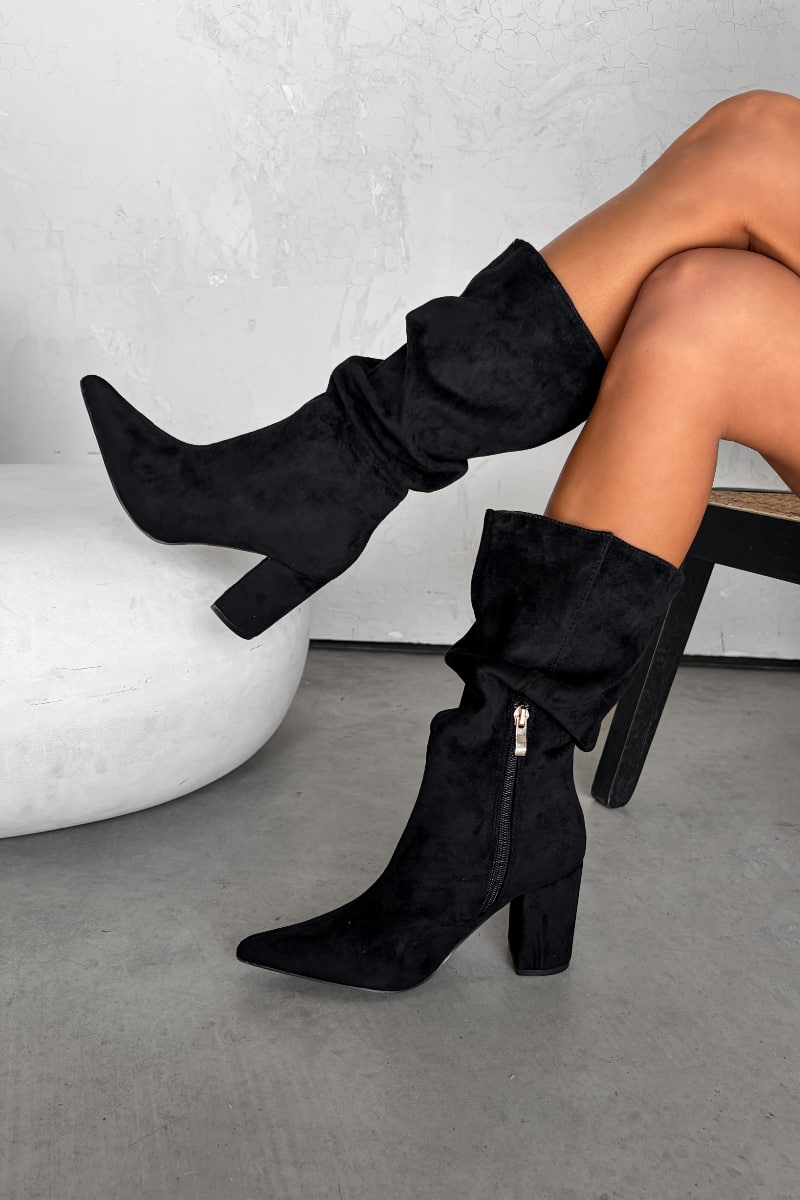 ALESHA Mid Calf Pointed Toe Slouch Boots - Black - 1