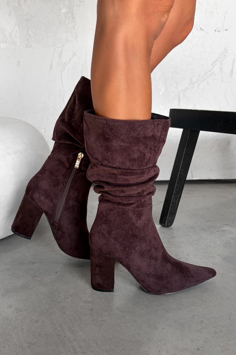 ALESHA Mid Calf Pointed Toe Slouch Boots - Brown - 1