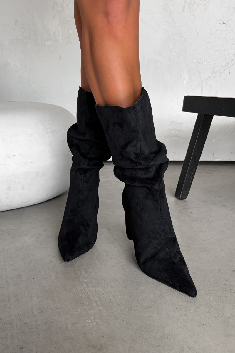 ALESHA Mid Calf Pointed Toe Slouch Boots - Black - 2