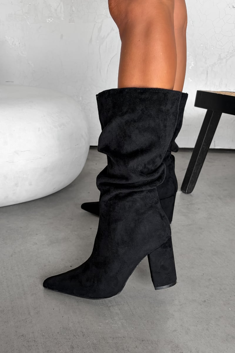 ALESHA Mid Calf Pointed Toe Slouch Boots - Black - 3