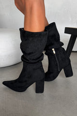 ALESHA Mid Calf Pointed Toe Slouch Boots - Black - 4