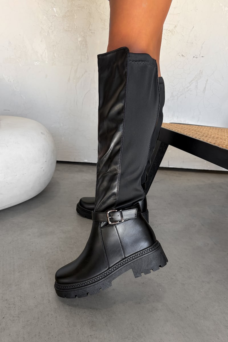 ALICE Buckle Detail Stretch Platform Boots - Black