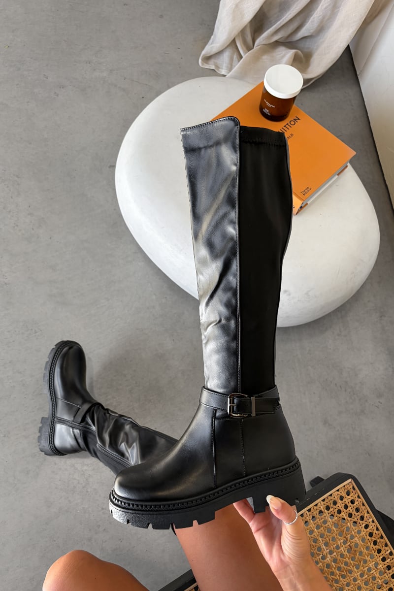 ALICE Buckle Detail Stretch Platform Boots - Black - 2
